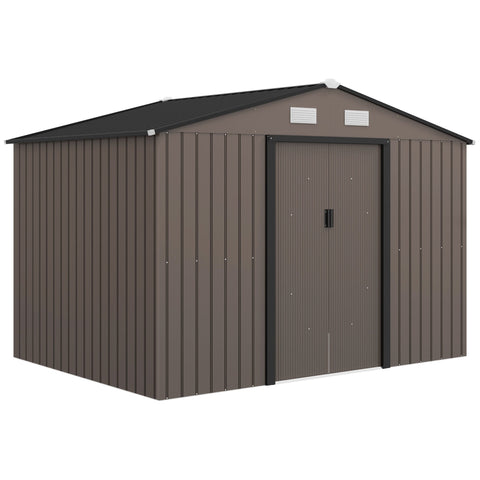 Brown galvanised steel outsunny garden shed with black roof lockable double doors and foundation kit for outdoor storage