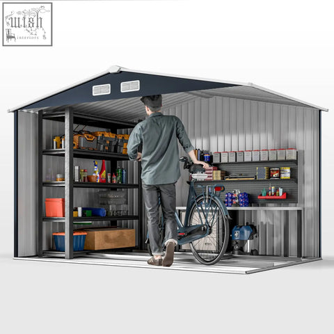 Gray outsunny 9 x 6ft metal garden shed with galvanised steel, lockable double doors, foundation kit, and organized shelves