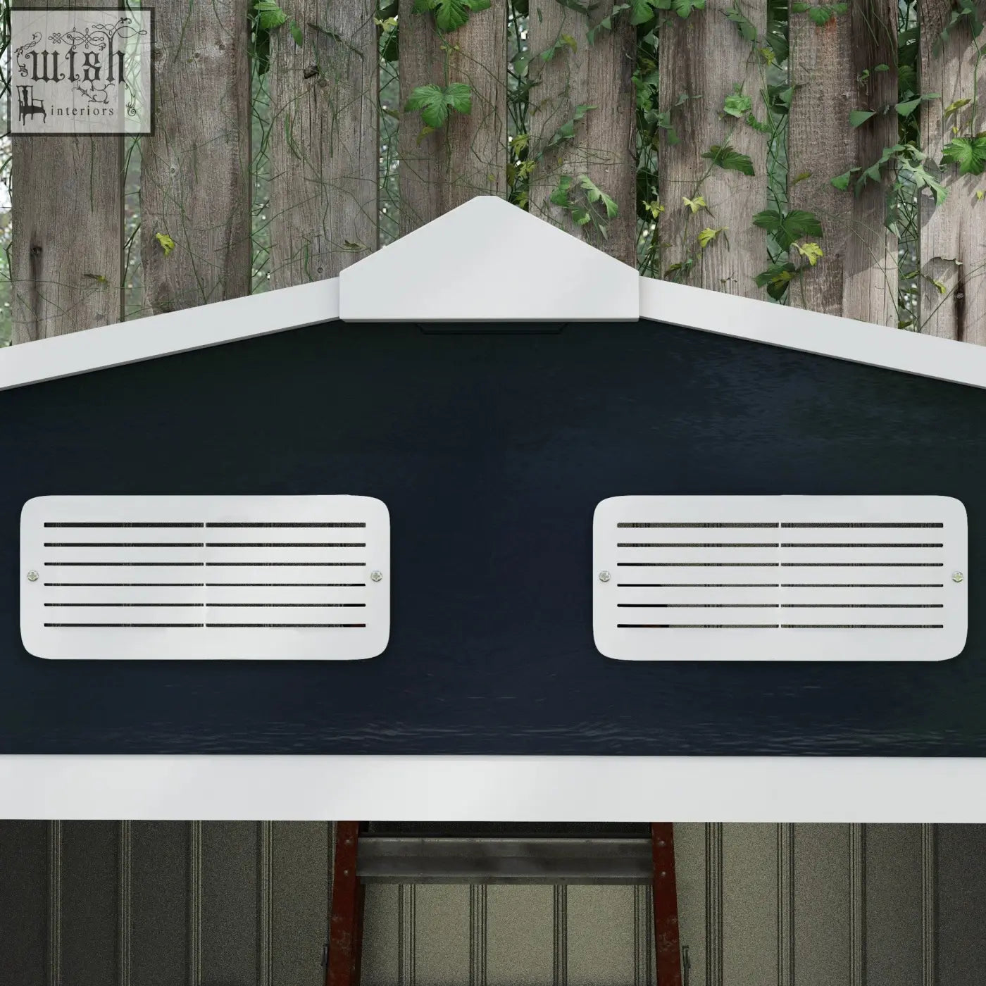 Navy blue outsunny metal garden shed with white trim, lockable double doors, galvanised steel, ventilation slots, and foundation kit