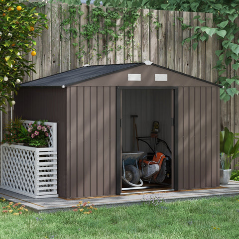 Brown galvanised steel garden shed with lockable double doors ventilation slots and foundation kit for outdoor storage