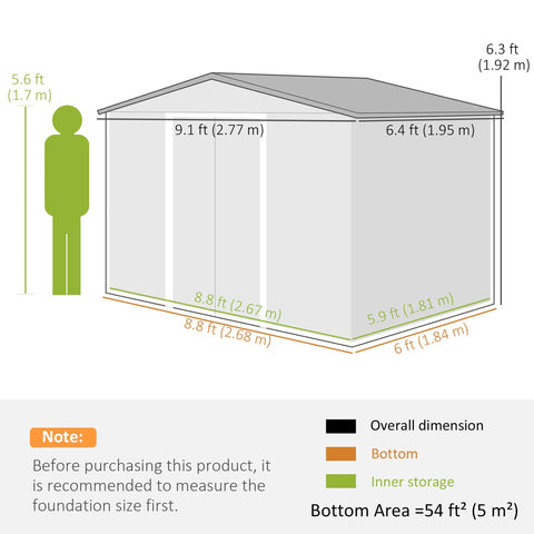 Gray metal garden shed with lockable double doors, ventilation slots, foundation kit, and measurements in feet and meters