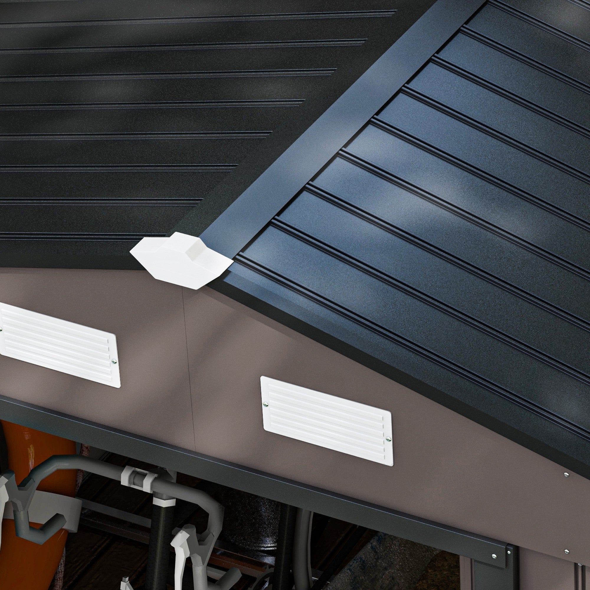 Dark gray corrugated galvanised steel roof with white vents on the back of outsunny brown metal garden shed with lockable double doors and foundation kit