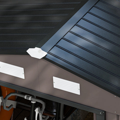 Dark gray corrugated galvanised steel roof with white vents on the back of outsunny brown metal garden shed with lockable double doors and foundation kit
