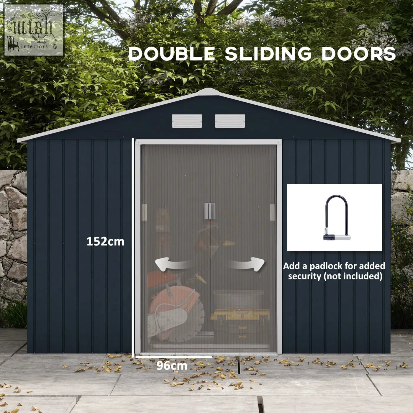 Dark blue galvanised steel outsunny 9 x 6ft metal garden shed with lockable double doors and foundation kit
