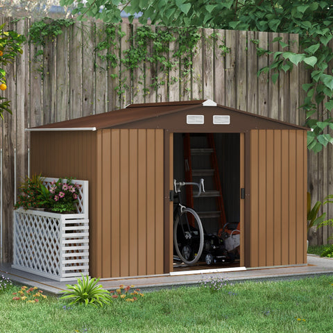 Outsunny 9 x 6ft Metal Garden Shed, Outdoor Storage Tool House with Ventilation Slots, Foundation Kit and Lockable Double Doors, Light Brown