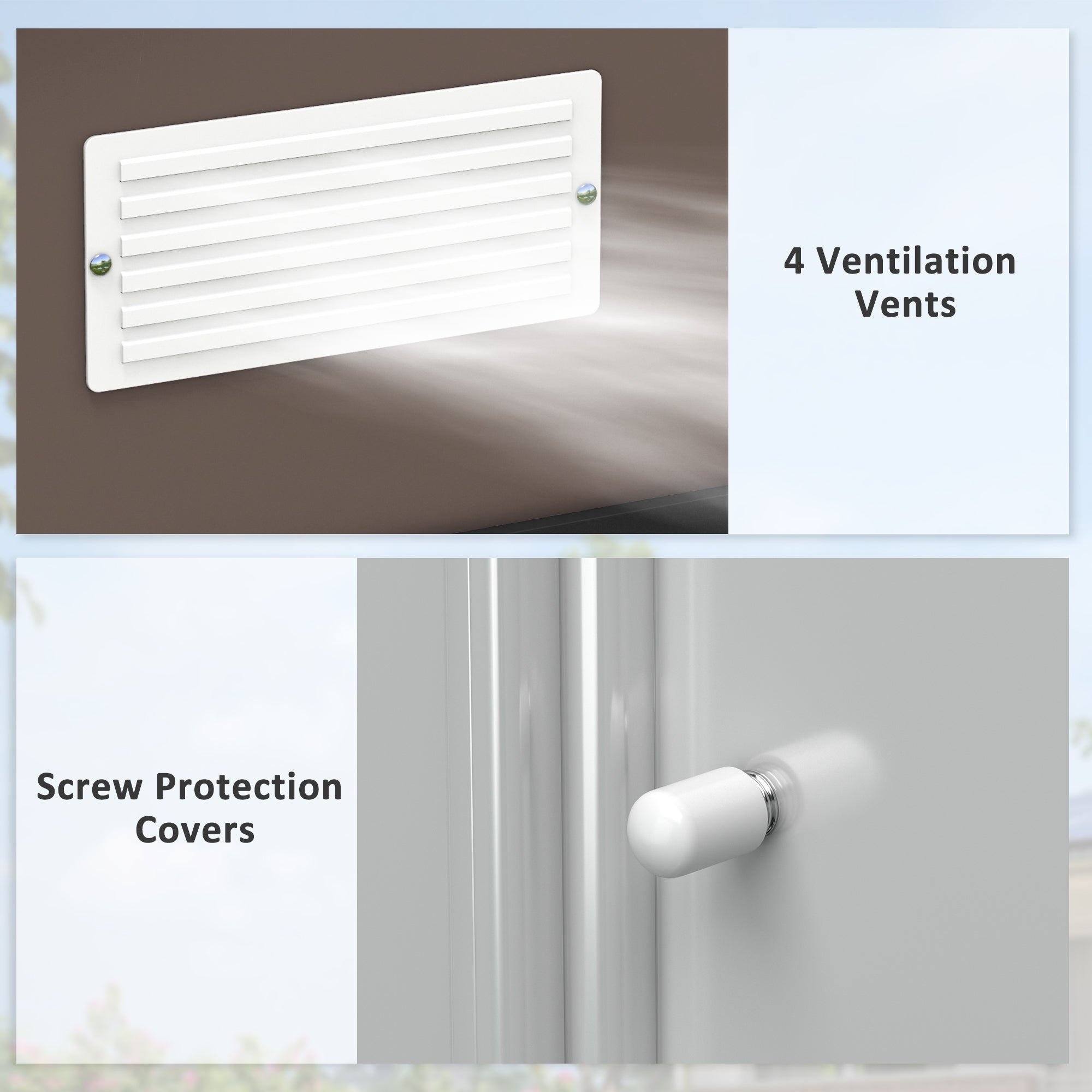 White ventilation cover with four slats and screw protection on the back of outsunny brown galvanised steel garden shed with lockable double doors and foundation kit