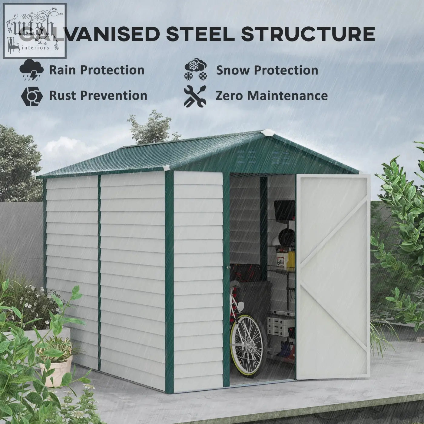 Outsunny 9x6ft green galvanised steel storage shed with gabled roof lockable door and keys included for garden use