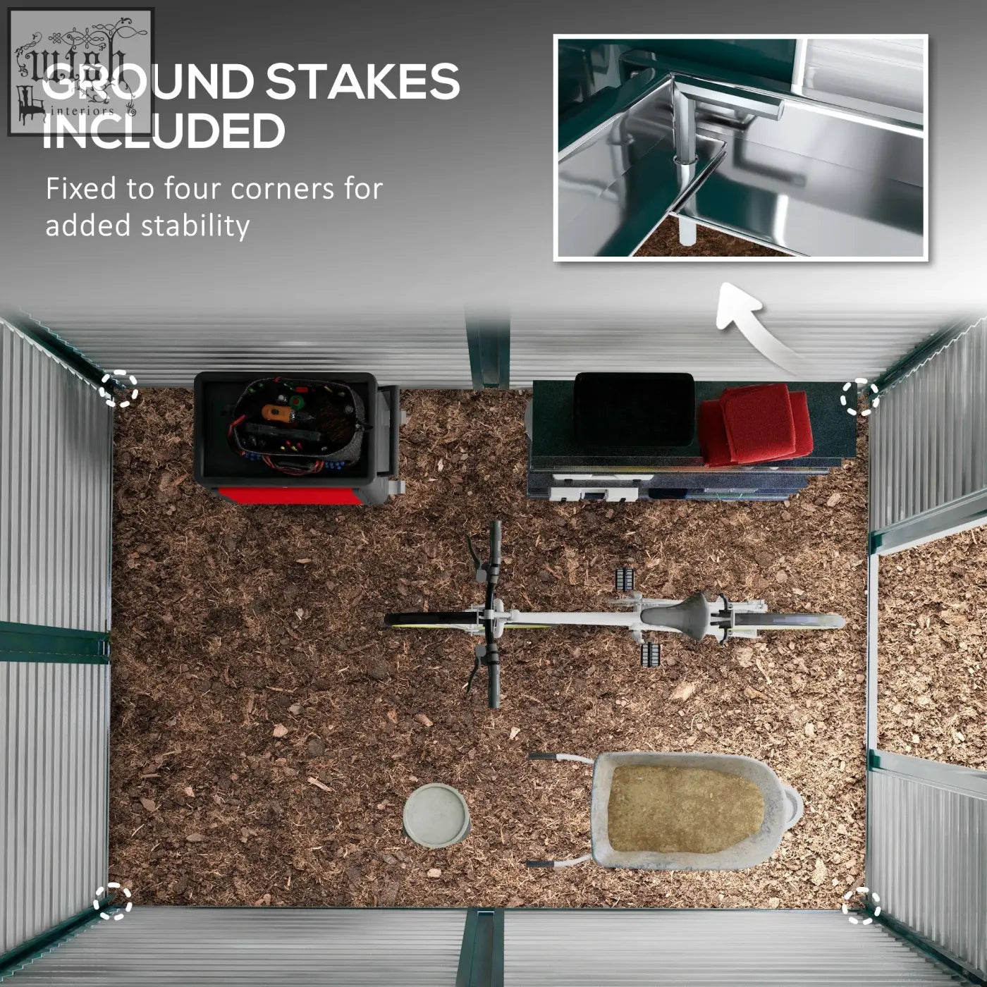 Metallic gray galvanised steel outsunny 9x6ft storage shed with green trim keys included and ground stakes for stability