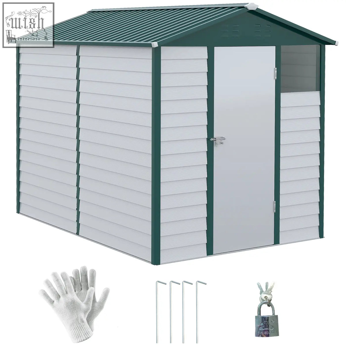 Green and white outsunny 9x6ft galvanised steel storage shed with slanted roof lockable door and keys included