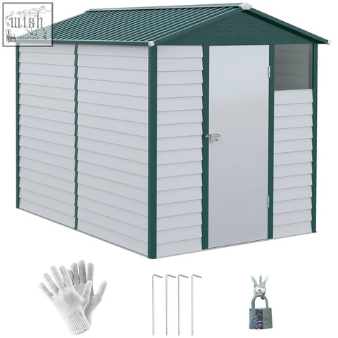 Green and white outsunny 9x6ft galvanised steel storage shed with slanted roof lockable door and keys included