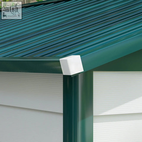 White plastic corner cap on dark green galvanised steel storage shed for garden with lockable door and keys included