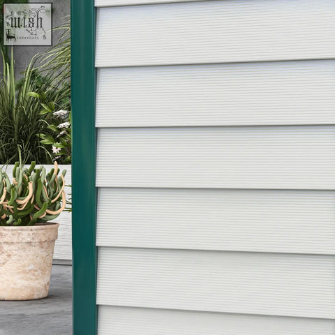 Outsunny 9x6ft galvanised steel storage shed with white horizontal siding and dark green trim keys included