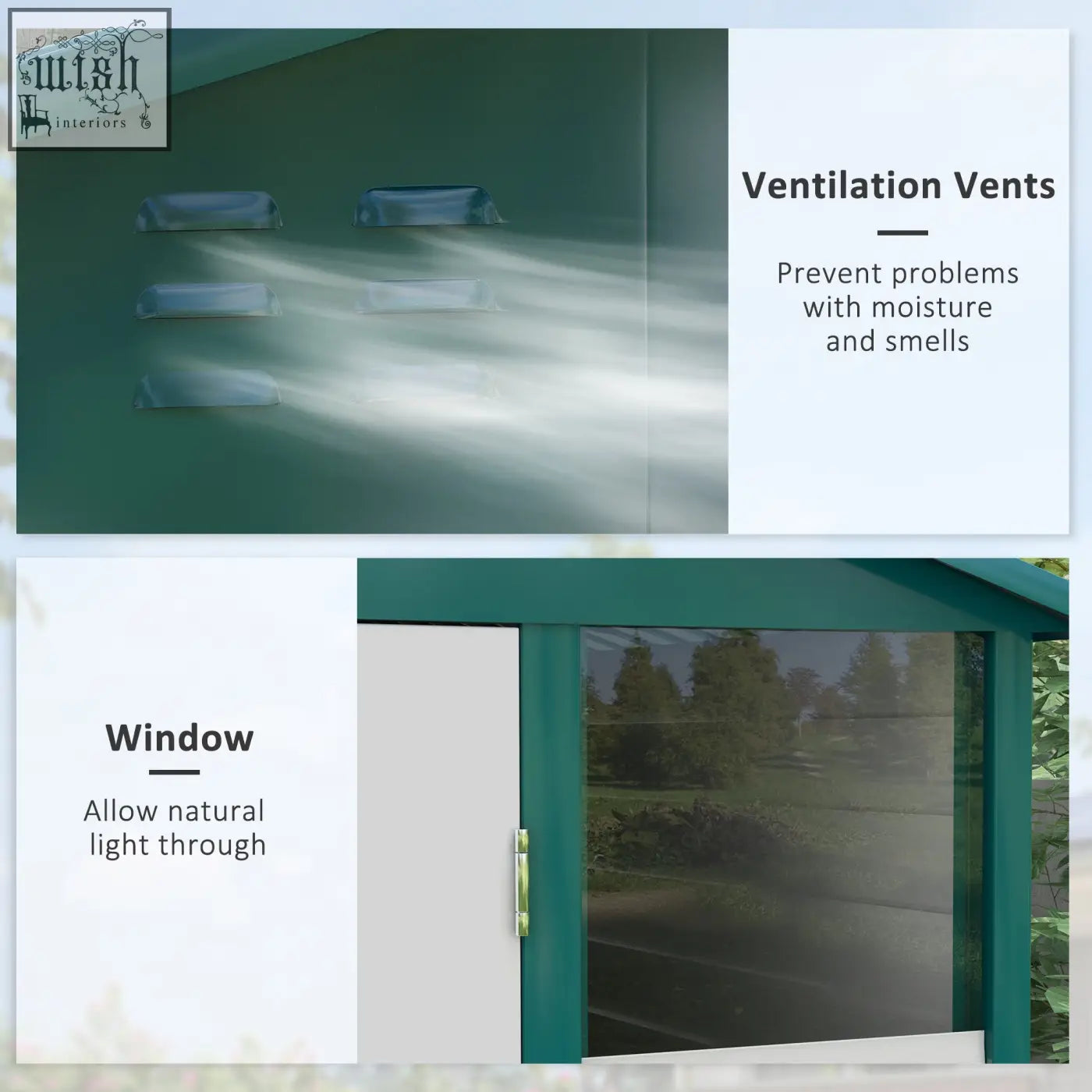 Teal green galvanised steel storage shed with ventilation vents window sloped roof and lockable door keys included