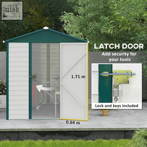 Greens and white metall outdoor storage shed made of galvanised steel with lockable door and keys included