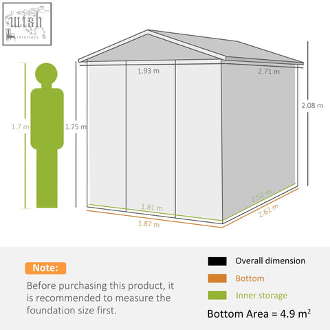 Gray galvanised steel outsunny 9x6ft storage shed with peaked roof lockable door and keys included for garden use
