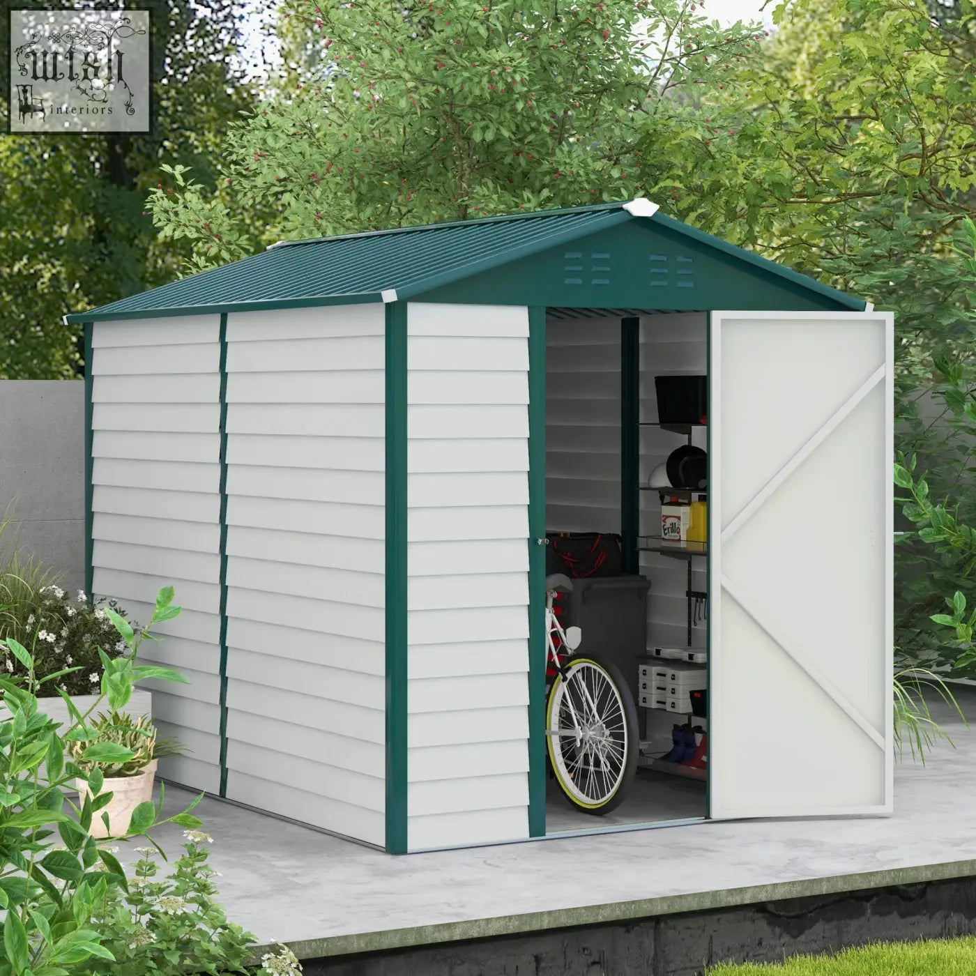 Outsunny 9x6ft green and white storage shed with galvanised steel slatted siding and lockable door keys included