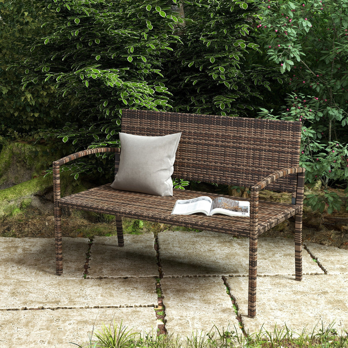 Brown woven wicker outsunny all weather garden loveseat with light gray cushion and open magazine assembly required