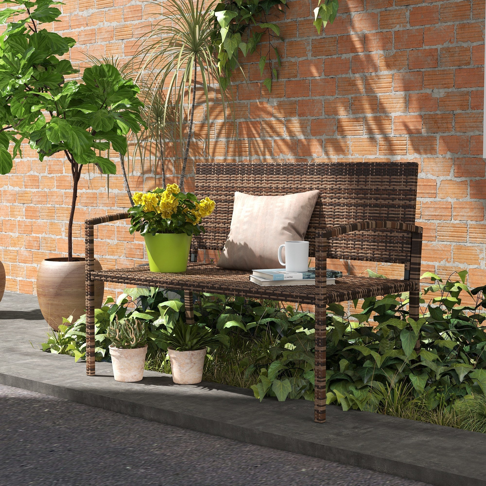 Brown wicker garden bench with cushioned seat and armrests made of poly rattan ideal for outdoor use assembly required
