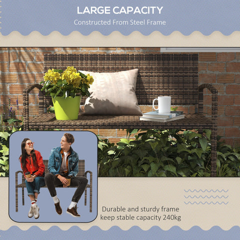 Brown wicker outdoor bench with steel frame and beige cushion featuring green pot of yellow flowers assembly required