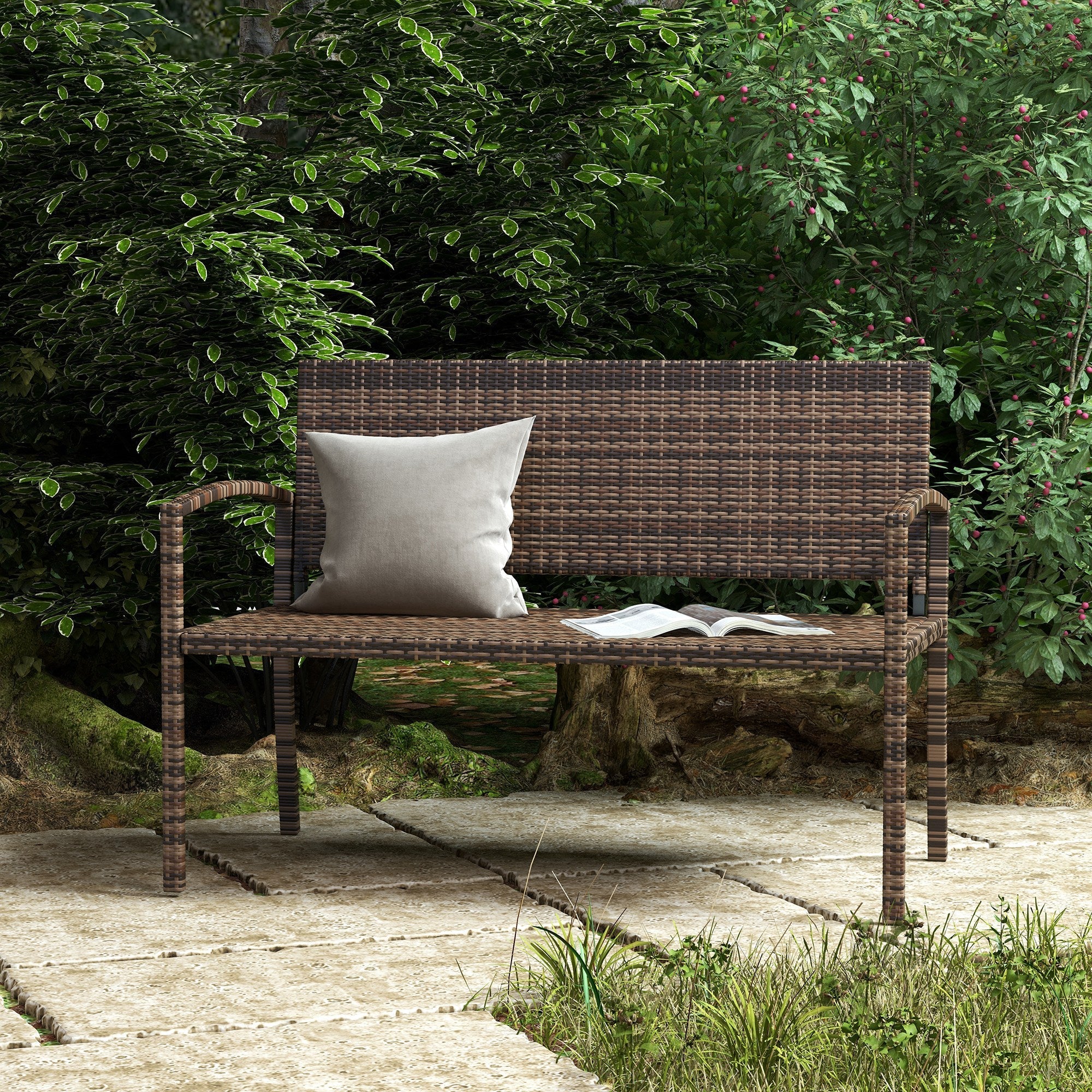 Brown woven wicker garden bench with light gray cushion and open book outdoors outsunny 2 seater assembly required