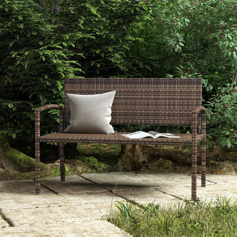 Brown woven wicker garden bench with light gray cushion and open book outdoors outsunny 2 seater assembly required