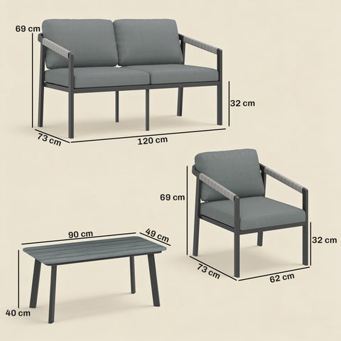 Modern gray patio furniture set with aluminium frame 73d x 69h includes loveseat armchairs and slatted table