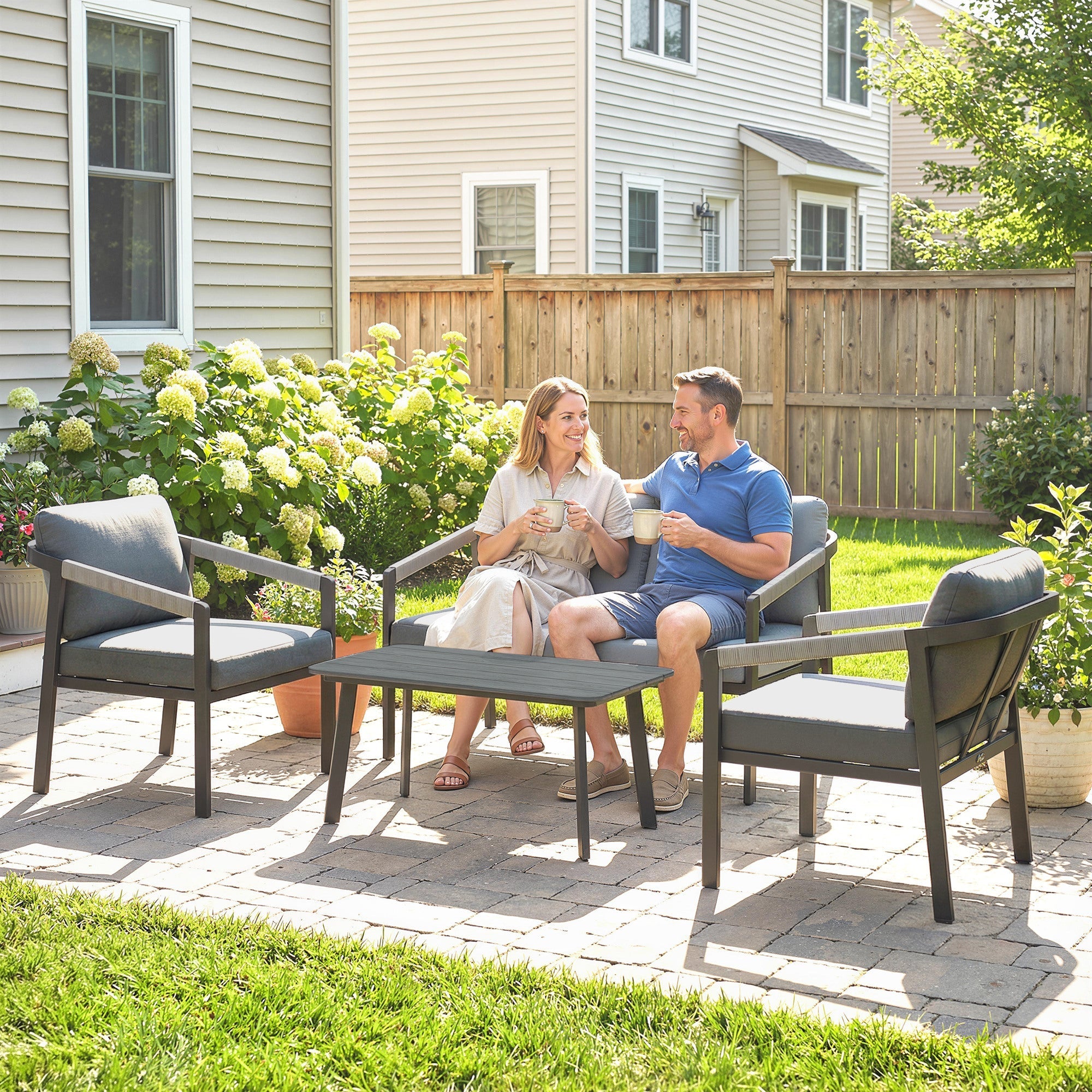 Gray Outsunny aluminium garden furniture set with dark gray cushions and metal frame 73d x 69h patio furniture