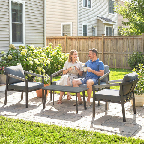 Gray Outsunny aluminium garden furniture set with dark gray cushions and metal frame 73d x 69h patio furniture