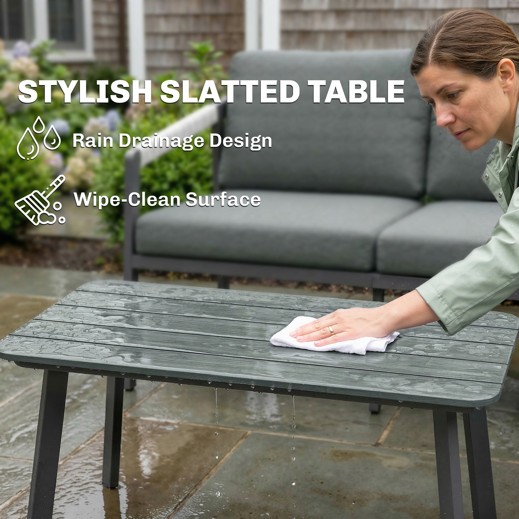 Dark gray slatted outdoor patio table with aluminium frame and sturdy metal legs 73d x 69h in outsunny set