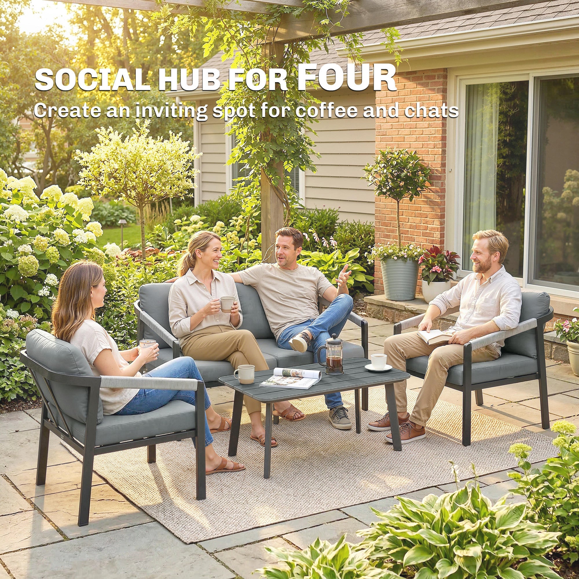 Outsunny aluminium garden furniture set 73d x 69h grey cushioned patio furniture with dark metal frame and slatted table