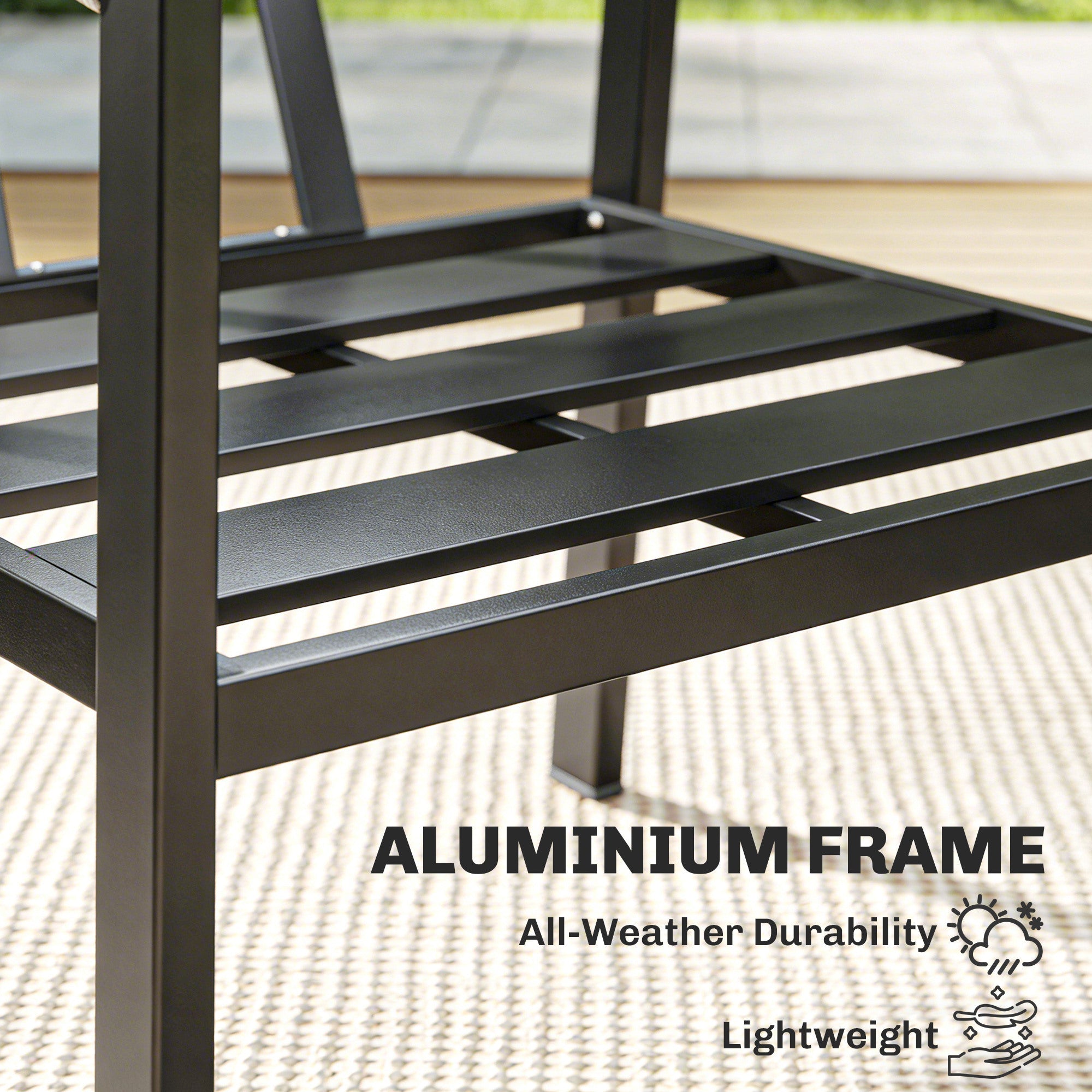 Black aluminium frame chair with sleek modern design and sturdy slatted seating for patio furniture 73d x 69h
