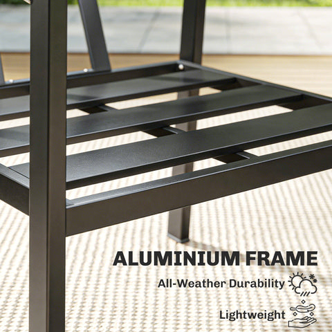 Black aluminium frame chair with sleek modern design and sturdy slatted seating for patio furniture 73d x 69h