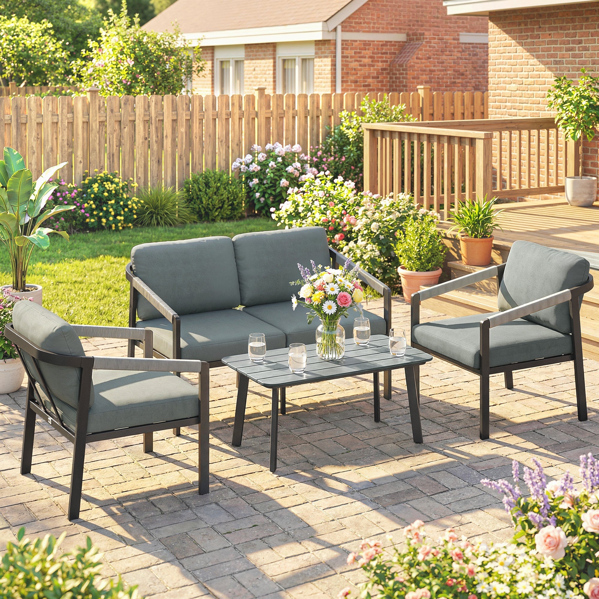 Gray cushioned outsunny aluminium garden furniture set with black frames and rope accents 73d x 69h patio furniture