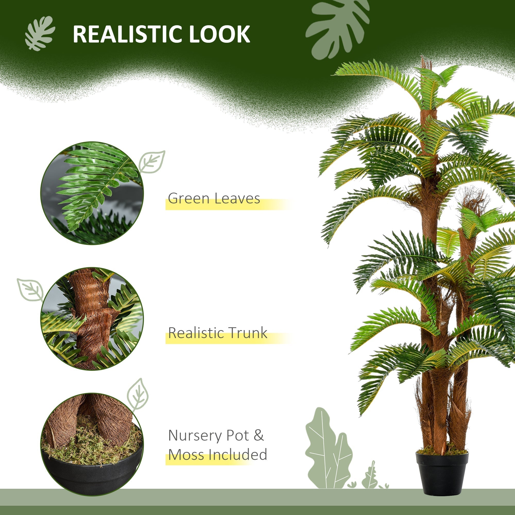 Outsunny artificial plant tropical palm with green fronds and brown trunk in black pot for indoor outdoor decor 150cm