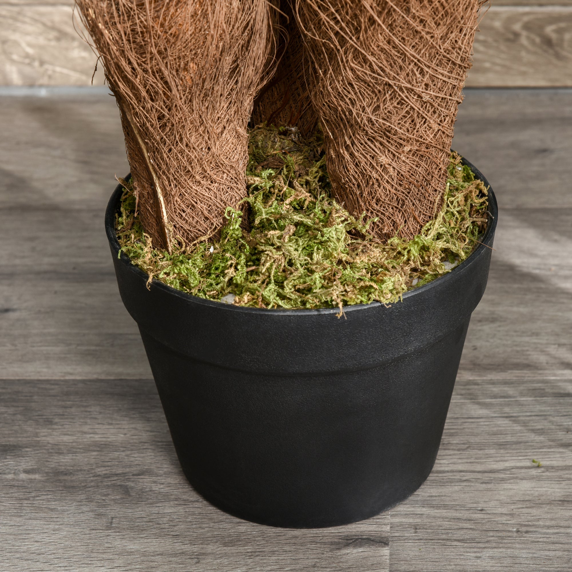 Outsunny artificial plant tropical palm with brown fibrous trunks in matte black cement-filled pot with green moss
