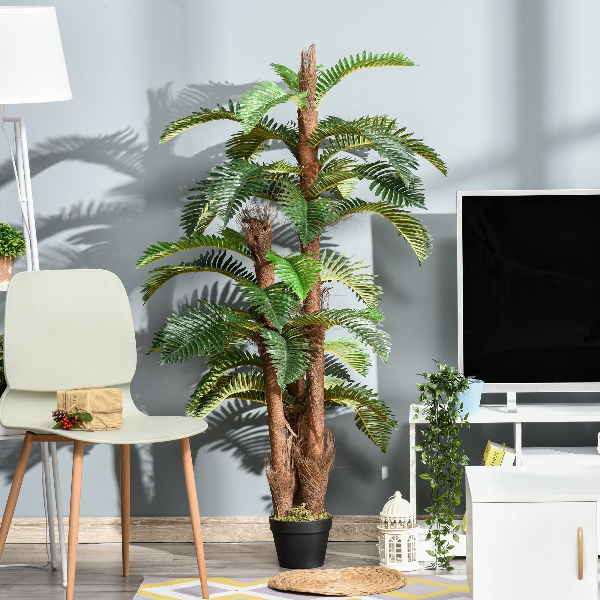 Outsunny artificial plant tropical palm with multiple brown trunks and green fronds in a black pot for indoor outdoor use