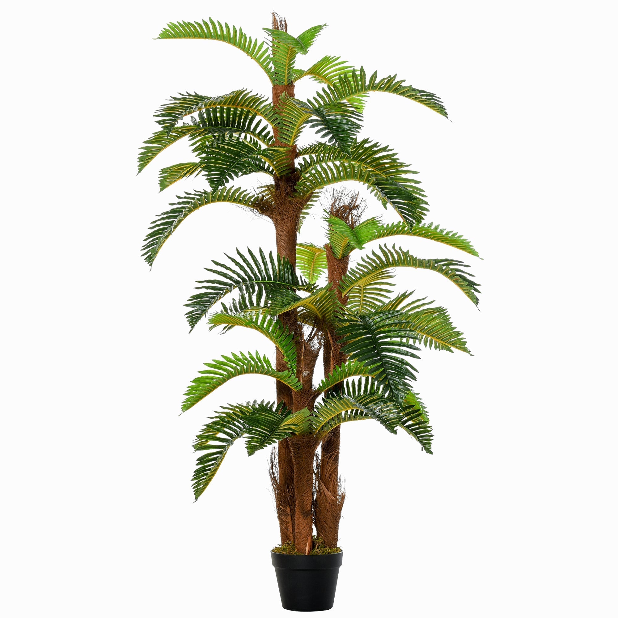Tall outsunny artificial tree with green fronds and brown textured trunks in a black cement-filled pot for indoor outdoor decor