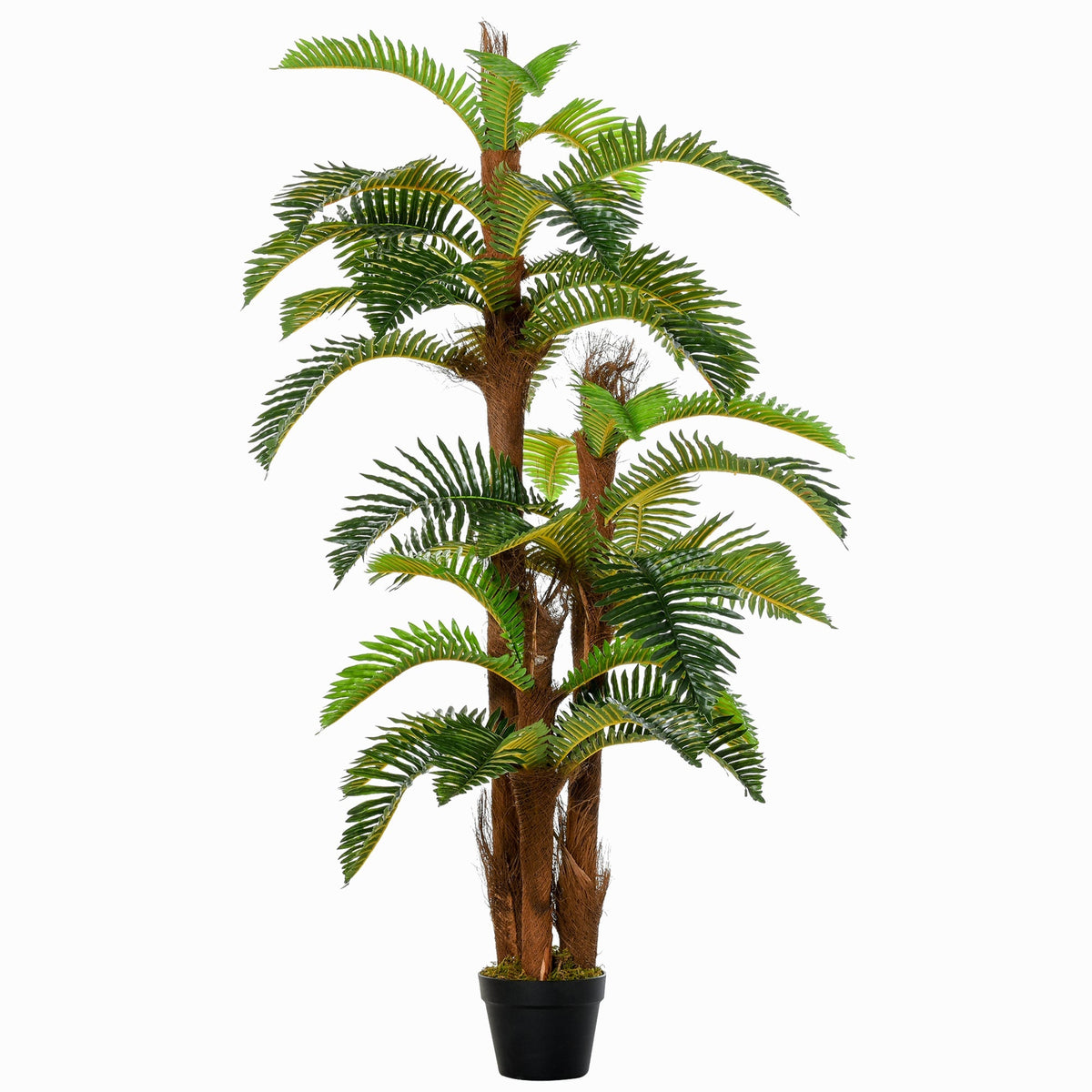 Tall outsunny artificial tree with green fronds and brown textured trunks in a black cement-filled pot for indoor outdoor decor