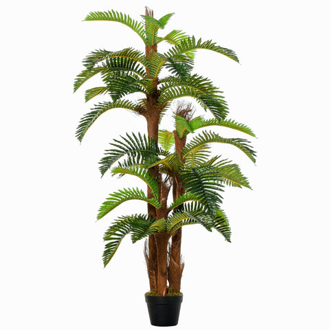 Tall outsunny artificial tree with green fronds and brown textured trunks in a black cement-filled pot for indoor outdoor decor
