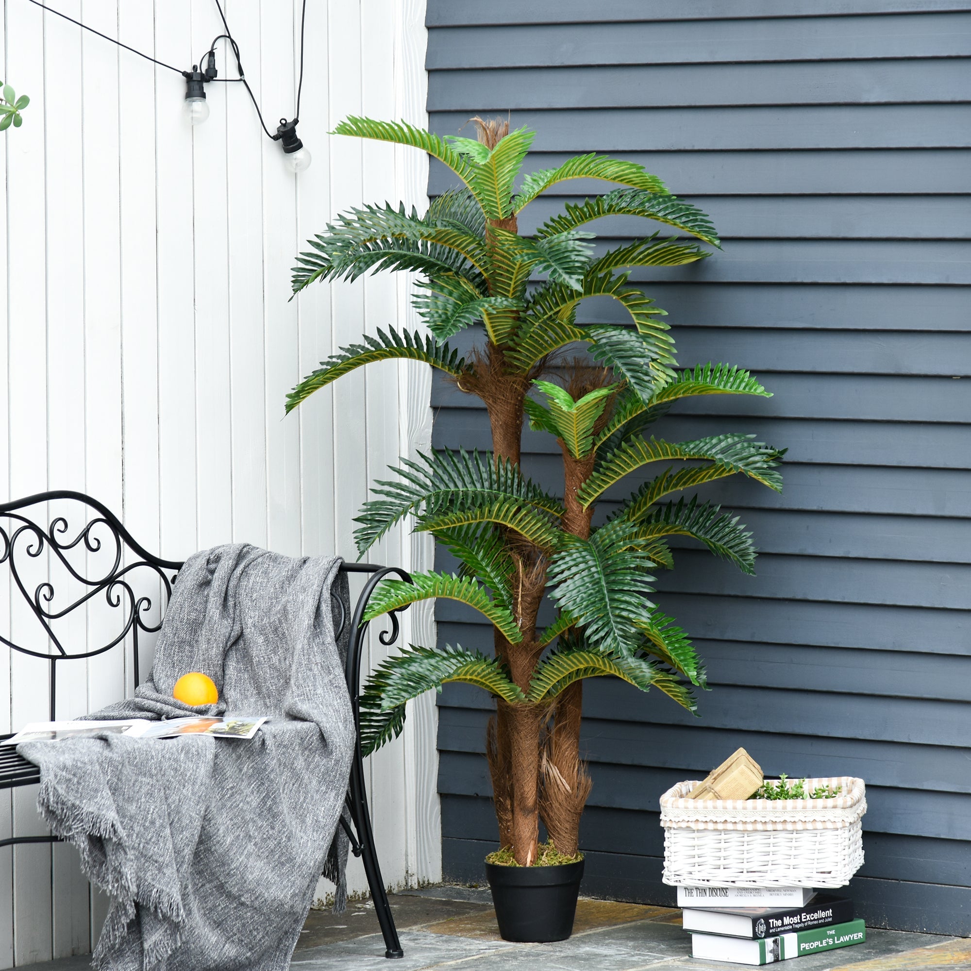 Outsunny artificial plant tropical palm with lush green fronds in a black cement-filled pot for indoor outdoor use