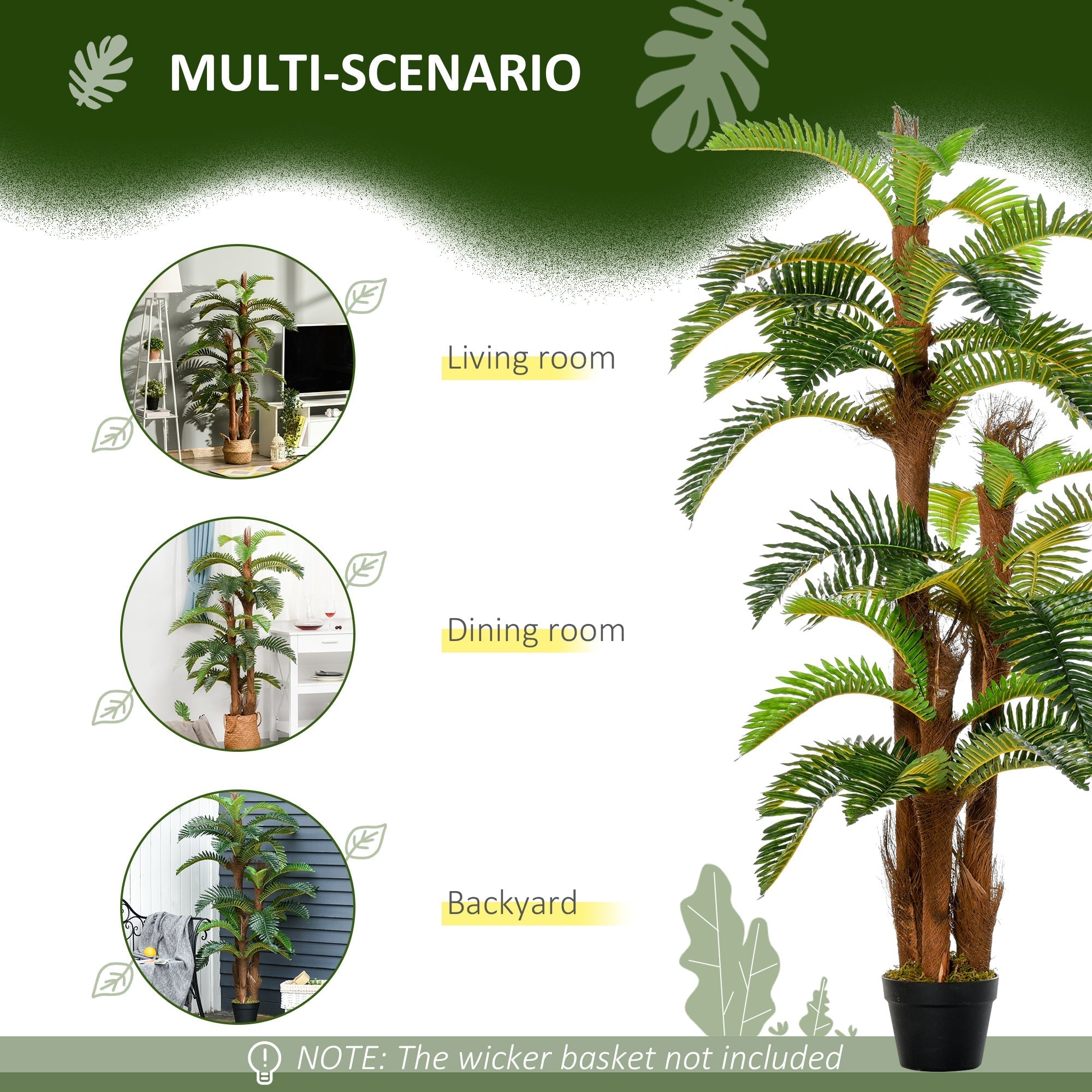 Outsunny artificial tree with lush green fronds and brown textured trunk in black cement-filled pot for indoor outdoor decor