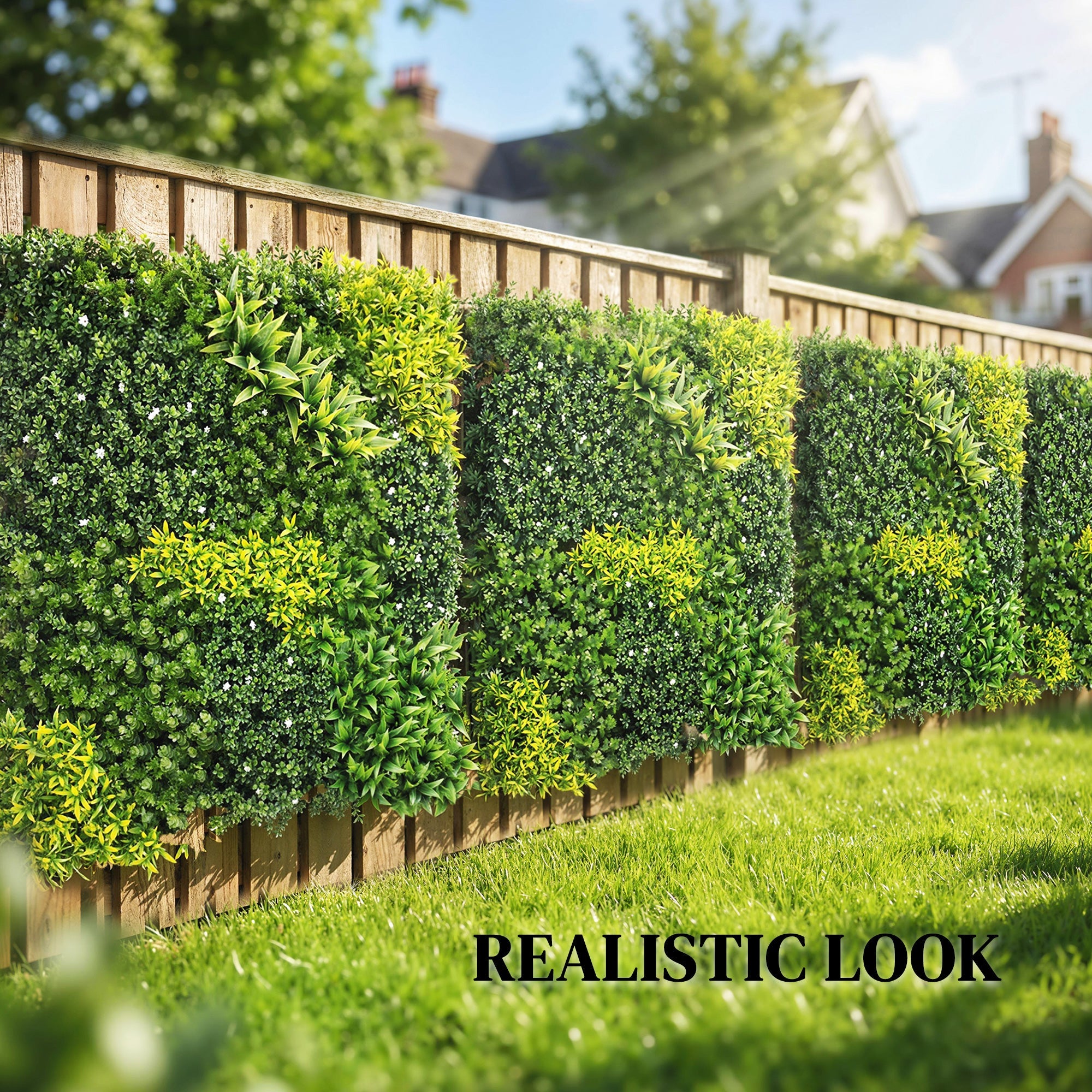 Outsunny artificial plant wall panel with green hedge leaves and yellow accents mounted on wooden fence for decor