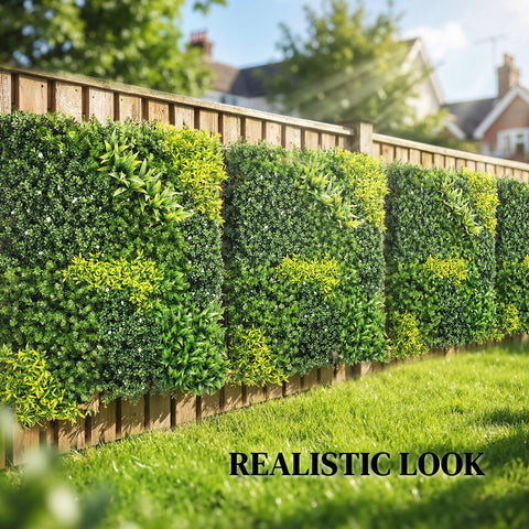 Outsunny artificial plant wall panel with green hedge leaves and yellow accents mounted on wooden fence for decor