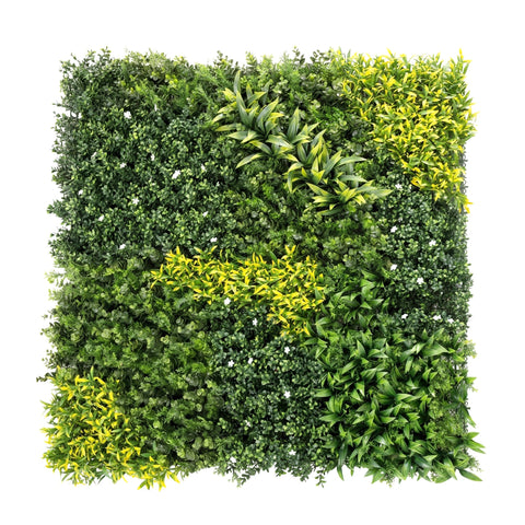 Outsunny artificial plant wall panel 100x100 cm with varied green foliage yellow leaves and white flowers for decor
