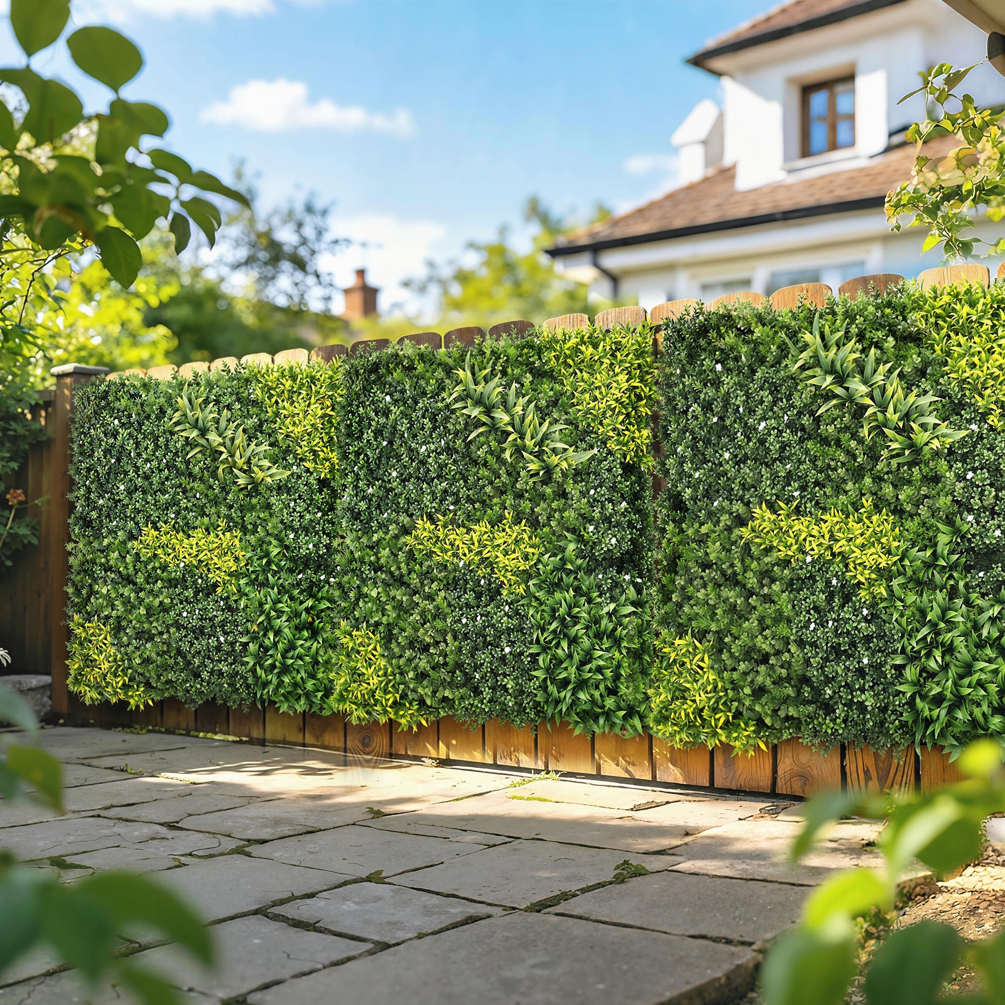 Lush green outsunny artificial plant wall panel mounted on wooden fence 100x100 cm plant wall panel