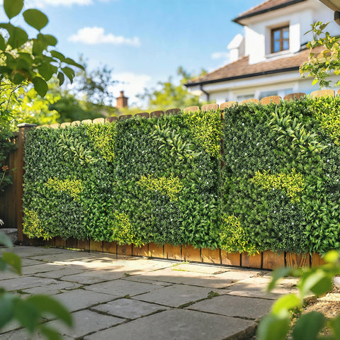 Lush green outsunny artificial plant wall panel mounted on wooden fence 100x100 cm plant wall panel