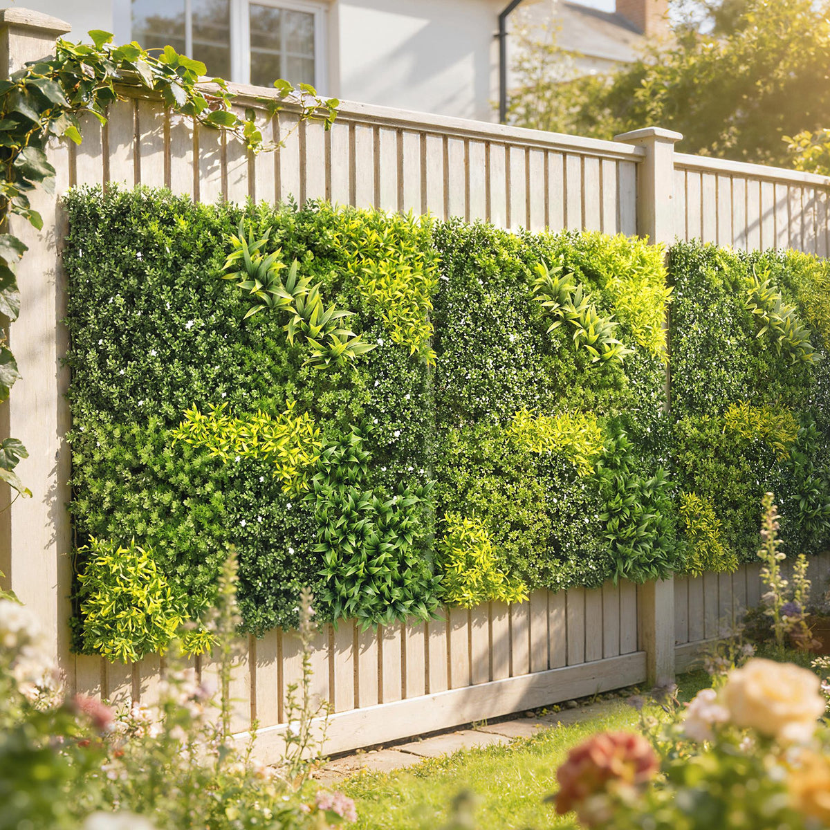 Lush green artificial plant wall panel by Outsunny with varied leaf textures in emerald lime and forest green shades