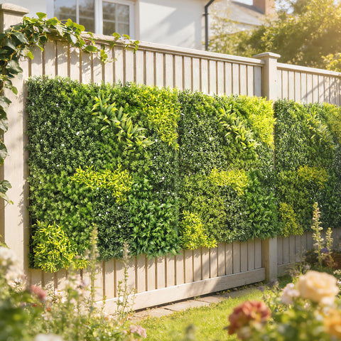 Lush green artificial plant wall panel by Outsunny with varied leaf textures in emerald lime and forest green shades