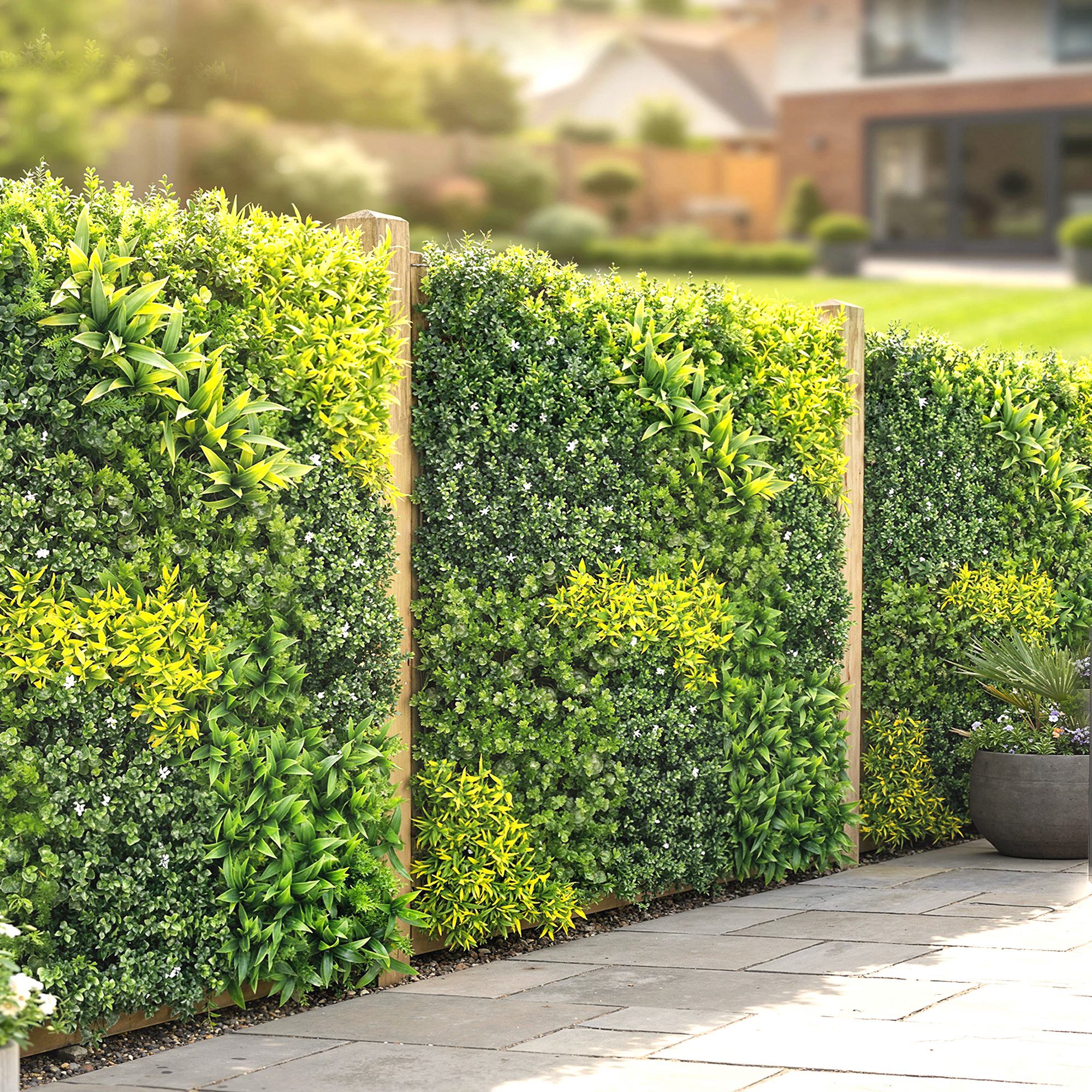 Outsunny artificial plant wall panel with lush green and yellow artificial hedge and wooden frame 100x100 cm