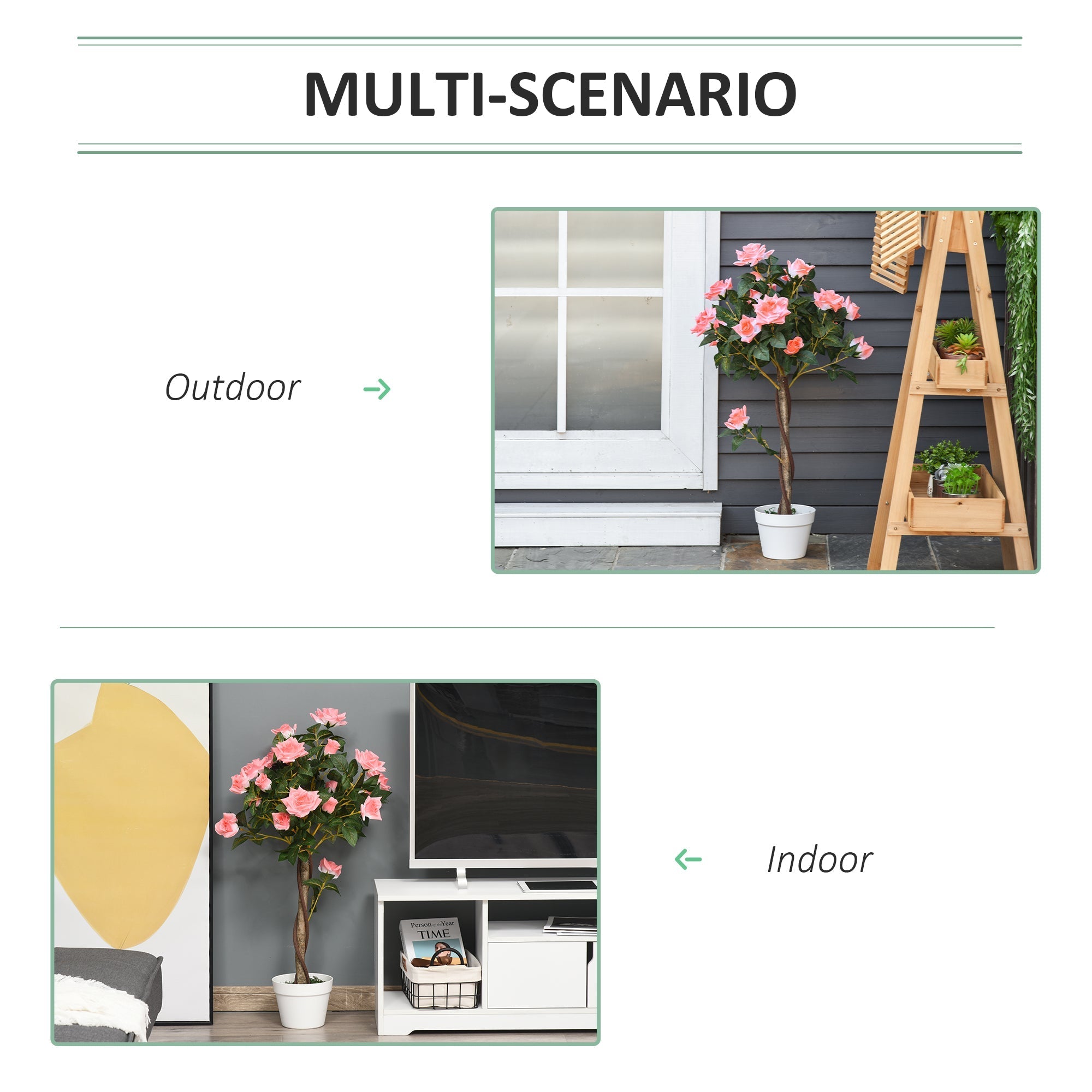 Outsunny artificial pink rose floral tree with slender brown trunk in white ceramic pot with cement soil for indoor outdoor decor